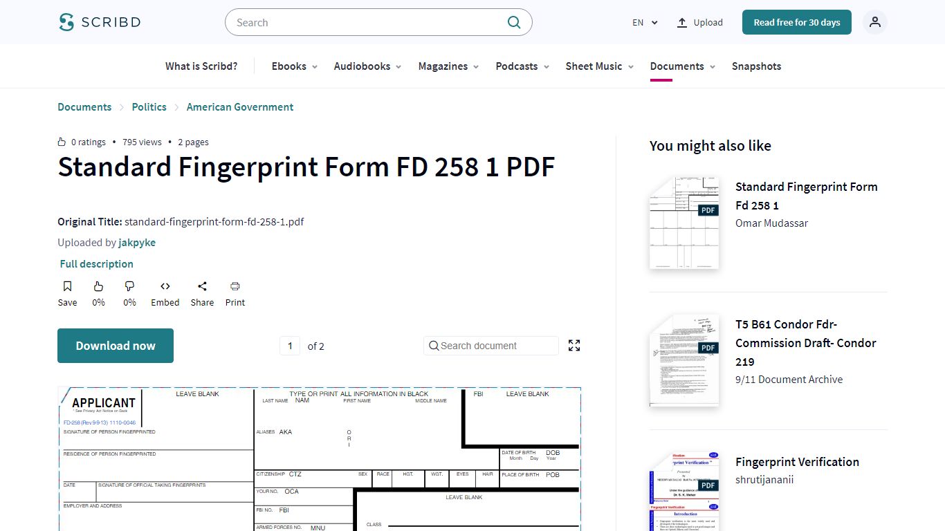 Standard Fingerprint Form FD 258 1 PDF | PDF | Fingerprint | Federal ...